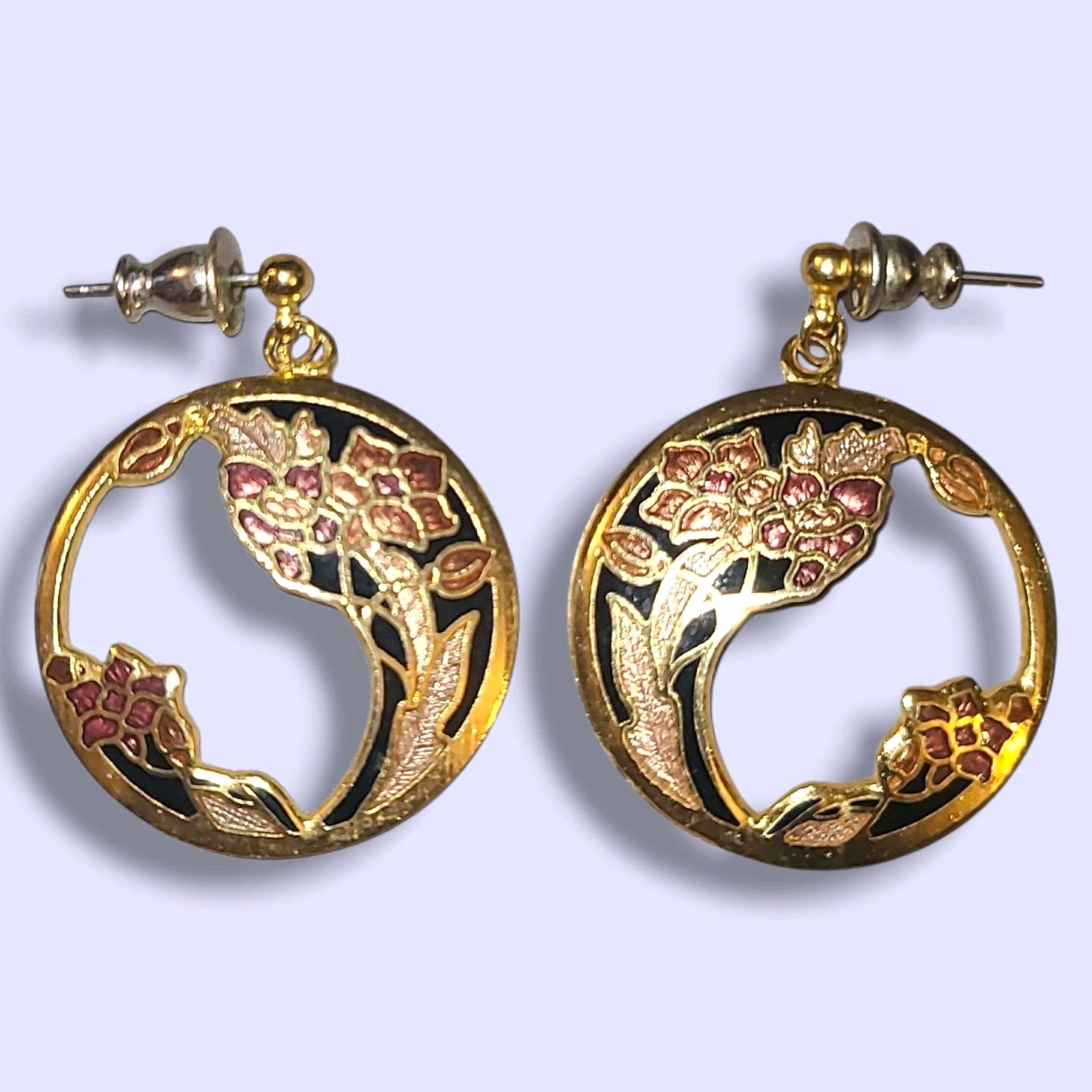 Vintage Fish & Crown Cloisonne Enamel Dangle Earrings Gold Tone Flowers